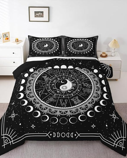 Sun Moon Kids Comforter Set King Size,Starry Sky Galaxy Planet Trippy Bedding Set,Boys Girls Adults Room Decor,12 Constellation Mandala Boho Down Comforter,Black White Duvet Insert,2 Pillowcases