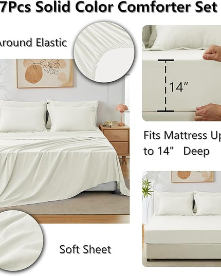 CozyLux King Size Comforter Set Ivory, 7 Pieces Bed in a Bag King Comforter Set with Sheets, Soft Bedding Set with Down Alternative Comforter, Fitted Sheets, Flat Sheets, Pillow Shams and Pillowcases