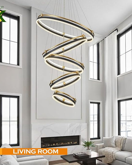 5-Rings Modern LED Chandelier Black Gold Dimmable Large High Ceiling Chandeliers Foyer, Remote Pendant Lighting for Foyer Entryway Dining Room Living Room Staircase(10-Ring Lighting, D29.5)