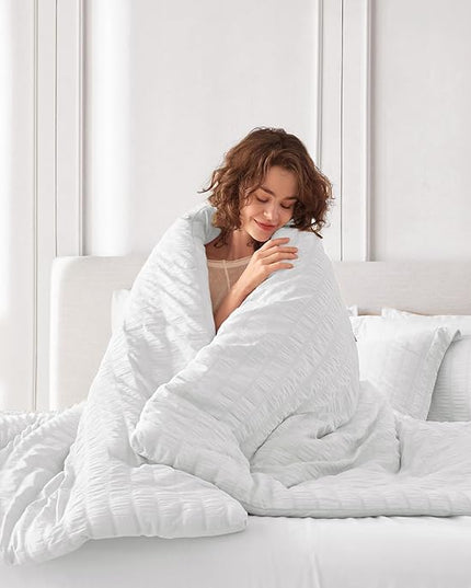 MUXHOMO 7 Pieces King Comforter Set, Seersucker Bed in a Bag King Size, All Season Luxury Bedding Set with Comforter, Flat Sheet, Fitted Sheet, Pillowcases & Shams, White