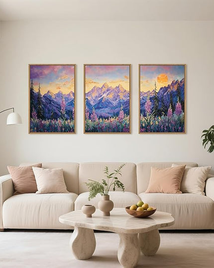 HOURIA Vintage Purple Mountain Landscape Framed Canvas Wall Art Set,Watercolor Boho Floral Tree Wall Decor,Modern Natural Soft Sunlight Field Artwork for Living Room, Bedroom,Farmhouse-24 x36 x3