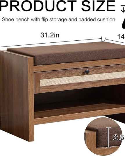 Rattan Shoe Bench Entryway Bench with Storage Drawer and Linen Seat Cushion, Farmhouse Boho Shoe Rack Bench, Wooden Storage Bench for Entryway Hallway and Bedroom - Oak