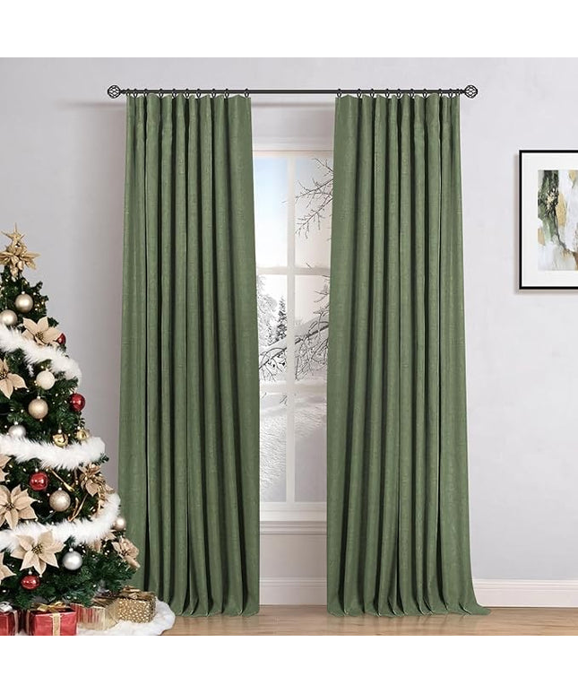 INOVADAY 100% Blackout Curtains for Bedroom, Black Out Curtains 108 Inch Long, Clip Rings Linen Blackout Drapes, Thermal Insulated Room Darkening for Living Room, 2 Panels - Moss Green,W50xL108