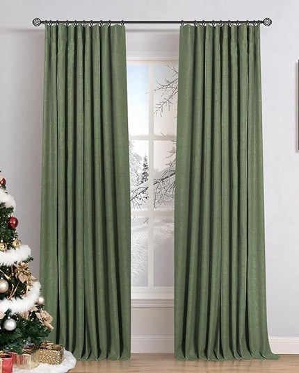 INOVADAY 100% Blackout Curtains for Bedroom, Black Out Curtains 96 Inch Long, Clip Rings Linen Blackout Drapes, Thermal Insulated Room Darkening for Living Room, 2 Panels - Moss Green,W50xL96