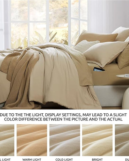 WRENSONGE Queen Size Comforter Set- 7 Pieces Beige Bed in a Bag Queen with Fitted Sheet, Flat Sheet, 2 Pillow Shams, and 2 Pillowcases- Warm Bed Set for All Season