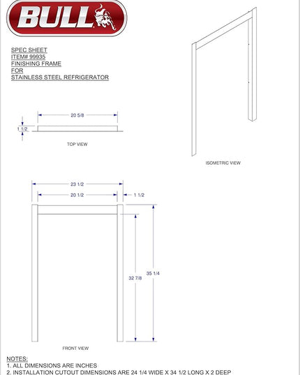 Bull Outdoor Products 99935 Refrigerator Frame, Stainless Steel 23.5" x 35.25"