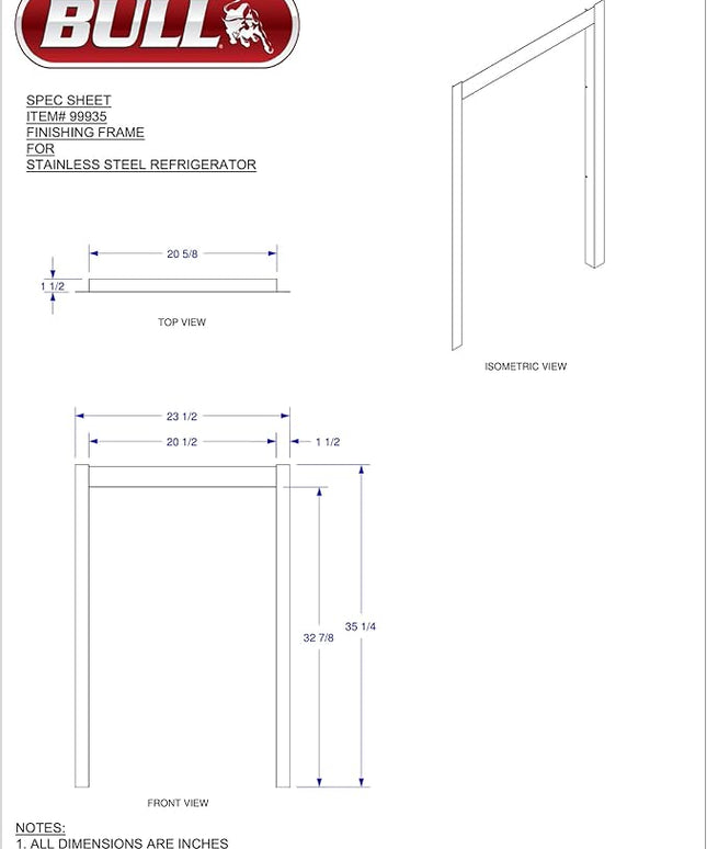 Bull Outdoor Products 99935 Refrigerator Frame, Stainless Steel 23.5" x 35.25"