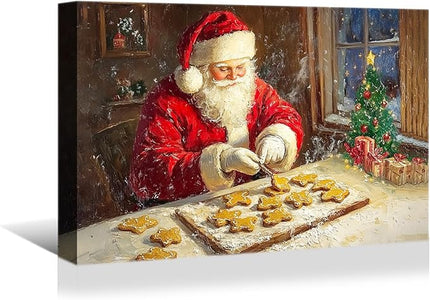 YONICA Christmas Wall Decor Santa Canvas Wall Art Home Decorations 36x24 Inches - Santa Pictures Santa Bakes Gingerbread Cookies Christmas Pine Tree Prints Winter Painting Xmas Artworks for Bedroom