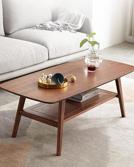 100% Solid Oak Wood Coffee Table for Living Room, 2-Tier Living Room Table with Storage Shelf, Mid Century Modern Coffee Tables (Walnut Colour, 39.37" W x19.68 D x 17.32" H)