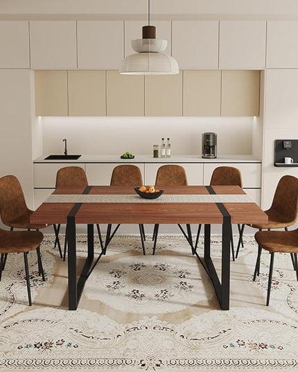 FURNITO Walnut Dining Table Set for 6, 71" Wood Kitchen Table Set with 6 Suede Nap Fabric Chairs, Modern Rectangular Dining Room Table and Chairs Set for Home, Kitchen, or Living Room