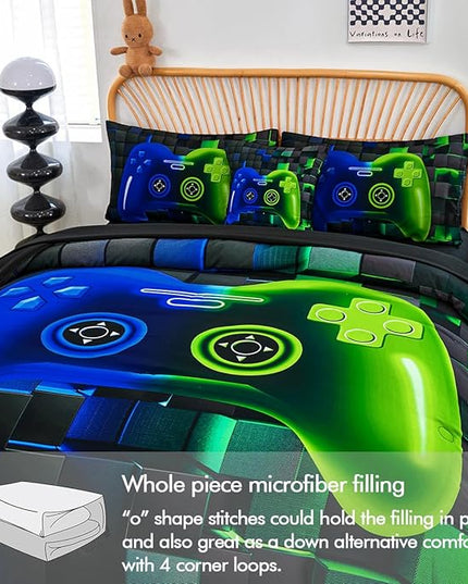 PERFEMET 6-Piece Game Twin Comforter Set for Kids Blue and Green Boys Gaming Bed in a Bag with Sheets Soft 3D Cool Fluffy Video Game Console Bedding Set for Girls Teen(Blue Green, Twin)
