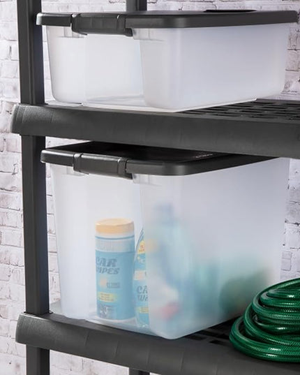 Sterilite 12-Pack 50 Quart ShelfTote, Clear Plastic Storage Organizer Bins with Gray Lids – Stackable Home and Office Containers for Closet or Shelves