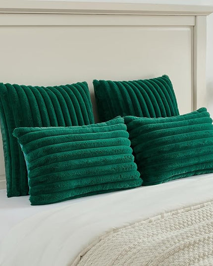 FUTEI Christmas Emerald Green Throw Pillow Covers Set of 2, 28x28 Inch Striped Texture Euro Pillow Shams with Soft Faux Rabbit Fur Front & Velvet Back, Modern Decorative Couch Pillows for Living Room
