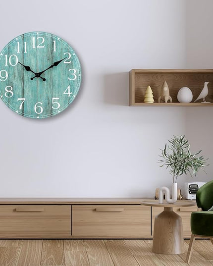 HYLANDA Wall Clock, 10 Inch Teal Silent Non-Ticking Kitchen Decor, Rustic Vintage Country Retro Decorative Clocks Battery Operated for Bathroom Bedroom Living Room Office(Aqua)