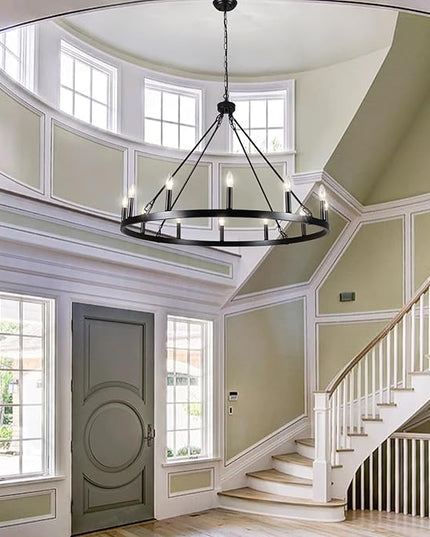 12-Light Black Wagon Wheel Chandelier for Dining Room Farmhouse Pendant Light Fixtures Outdoor for Rustic High Ceilings Round Chandeliers for Living Room Entryway Foyer Kitchen Island,38",E12