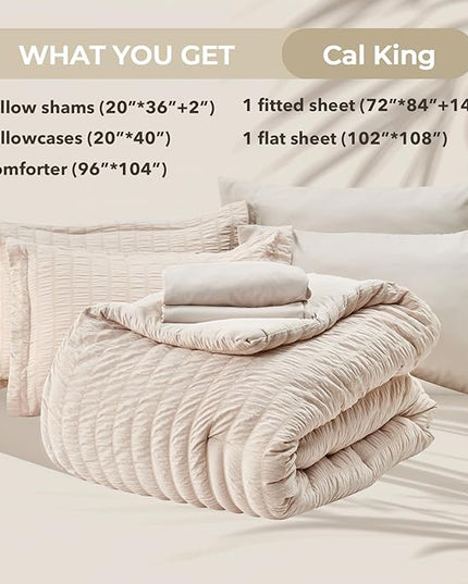 HYMOKEGE Beige California King Comforter Set Seersucker 7 Pieces, All Season Luxury Bed in a Bag for Bedroom, Bedding Set with Comforters, Sheets, Pillowcases & Shams