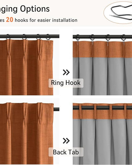 100% Blackout Shield Linen Look Textured Pinch Pleated Curtains Blackout Drapes 96 Inch Long 2 Panels Set, Faux Linen Blackout Curtains for Bedroom & Living Room, 40" W x 96" L, Burnt Orange