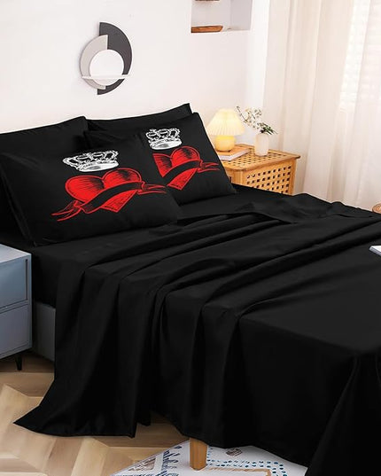 Merryword Love Heart Comforter Set King Size 8 Pcs Bed in a Bag Prince Princess Bedding Set Crown Pattern Romantic Valentine's Day Comforter Set