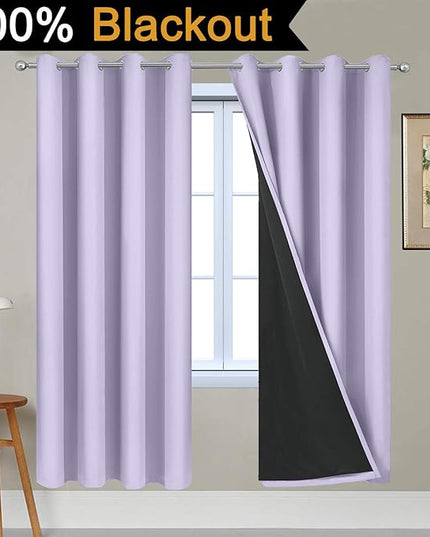 Yakamok Lilac 100% Blackout Lined Curtains, 2 Thick Layers Completely Blackout Window Treatment Thermal Insulated Drapes for Kitchen/Bedroom (1 Pair, 52W x 72L)