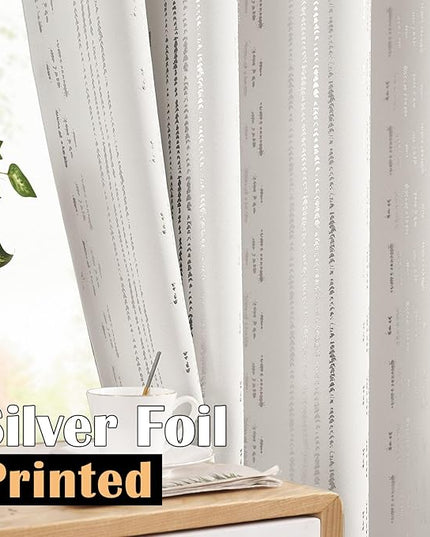 jinchan 95% Blackout Boho Curtains 90 Inches Long for Christmas Bedroom Living Room Decor Festive Silver Geometric Foil Printed Curtain Grommet Top Room Darkening Drapes Off White 52 x 90 2 Panels