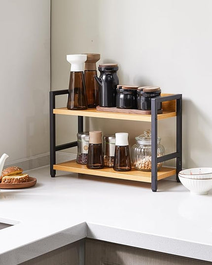IBUYKE 2-Tier Spice Rack Industrial Counter Shelf Desktop Storage Organizer Standing Seasoning Rack for Countertop Kitchen Office Living Room Desktop Nature,UTLJ002N