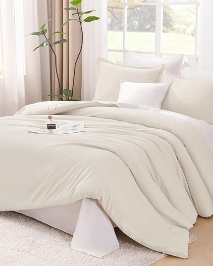 Litanika Comforters Beige Oversized Queen Size, 3 Pieces Lightweight Solid Bedding Comforter Set, All Season Fluffy Bed Set (98x98In Comforter & 2 Pillowcases)