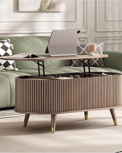 Oval Coffee Table with Storage, 42.5” Fluted Coffee Table with Lifting Top & Solid Wood Legs, Mid Century Modern Center Table for Living Room, Home Office, Walnut