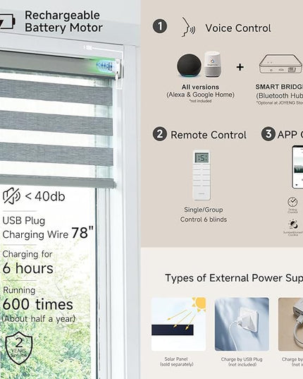 Cordless Motorized Zebra Blinds for Windows Blackout with Remote, Custom Dual Layer Smart Zebra Shades Work with Alexa Google, Automatic Electric Light Filtering Roller Sheer Shades, Grey