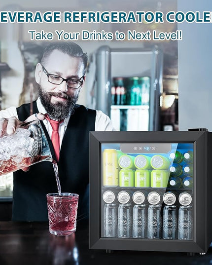 50 Cans Beverage Refrigerator Cooler, 1.3 Cu.ft Mini Fridge Countertop Drink Cooler with Glass Door for Beer, Soda,Wine, Adjustable Digital Temperature Control for Home Dorm Bar, Black
