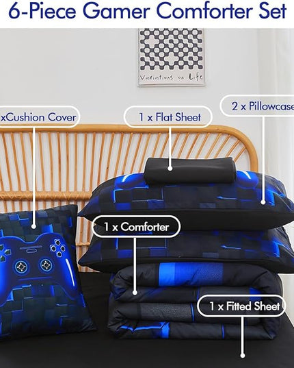 PERFEMET 6 Pieces Kids Game Comforter Set Full Size Blue Gamer Bedding Set for Boys Teen 3D Cool Black Video Gaming Bed in A Bag with Sheets(Blue, Full)