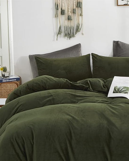 Luxlovery Army Green Velvet Comforter Set California King Dark Green Flannel Bedding Set Solid Bedding Set Thick Soft Breathable Blanket Quilts Winter Comforter Set