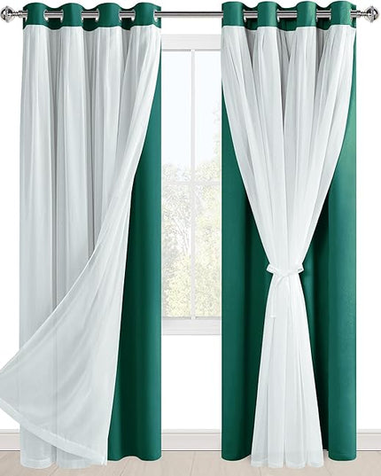 Hiasan Blackout Curtains with Sheer Overlay, Thermal Insulated Privacy Double Layer Mix & Match Grommet Window Curtains for Christmas,Living Room, 2 Drape Panels with Tiebacks, Hunter Green, 52W X 84L