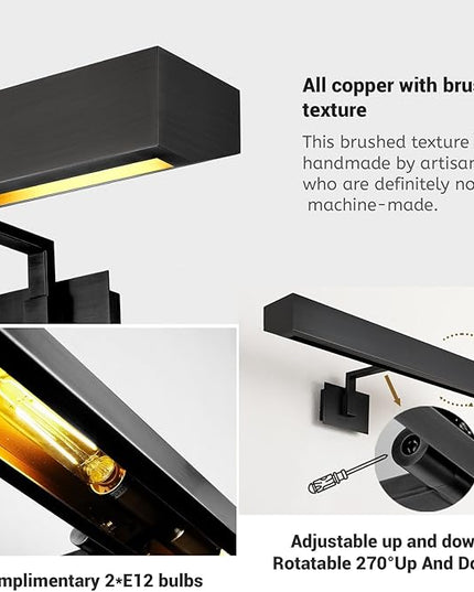 18" Picture Light Black Picture Light Hardwired, 2-Light Bronze Art Lights Dimmable Frame Lights for Wall, 3000k Gallery Light Art Frame Light 270° Gallery Lamp for Bathroom, Living Room, Hallway