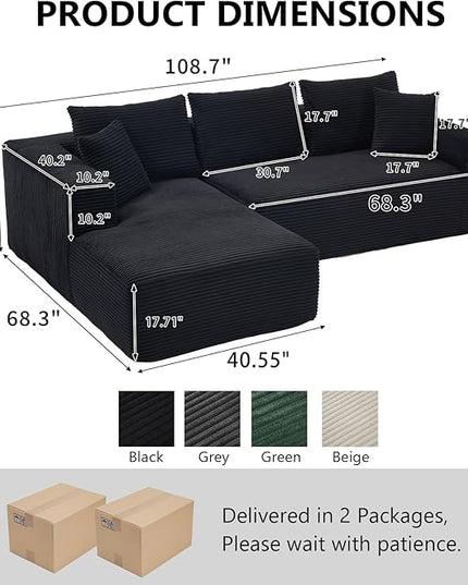 PELUMY 108.7" L-Shaped Modular Sectional Sofa with Oversized Chaise, Cloud Couch with Memory Foam, No Assembly Required Sleeper Sofa for Small Space Living Room, Apartment (Black, Corduroy)