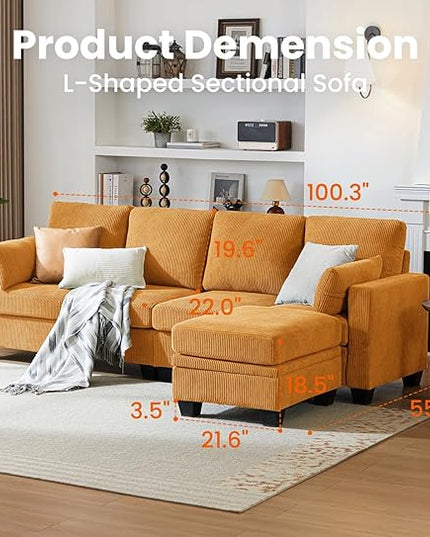 CHIC HOUSE Corduroy Modular Sectional Couch with Ottoman Chaise, L/U Shaped Sleeper Sofa for Living Room, Apartment, Lounge, Modern Armrest Neck Support Furniture (5 Seater Sectional, Mustard Yellow)
