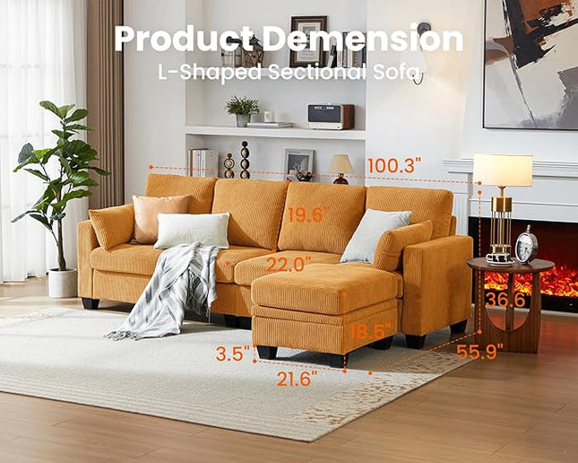 CHIC HOUSE Corduroy Modular Sectional Couch with Ottoman Chaise, L/U Shaped Sleeper Sofa for Living Room, Apartment, Lounge, Modern Armrest Neck Support Furniture (5 Seater Sectional, Mustard Yellow)