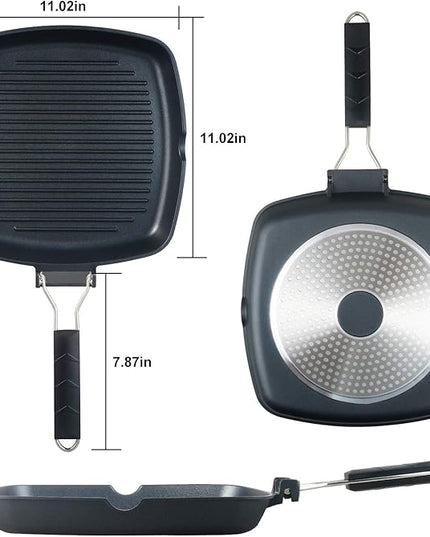 SKITCHN Nonstick Grill Pan With Folding Handle - Induction Compatible KBBQ Pan for Stove Tops, Indoor Square BBQ Grilling With Pour Spouts - 11 in