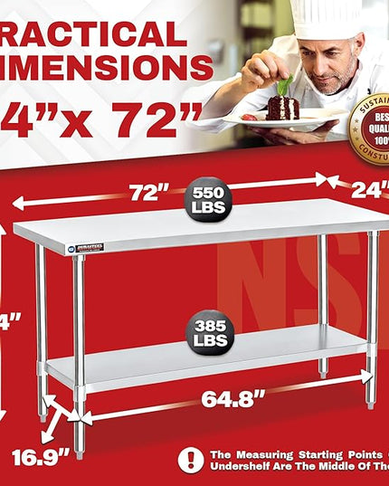 DuraSteel 24x72 Stainless Steel Work Table - NSF Commercial Prep Metal Table - Outdoor Pizza Oven Stand w/Under Shelf - Kitchen Island Laundry Utility Garage Microwave Stand Rolling Storage Cart Vevor