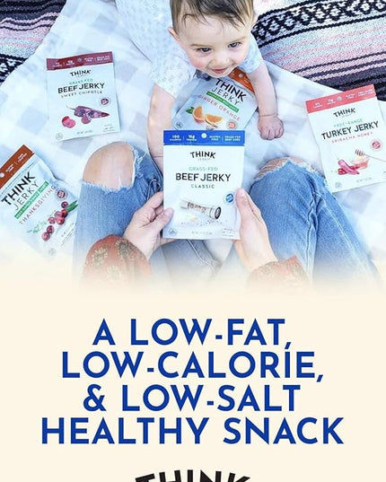 Think Jerky Classic Beef Jerky, Grass-Fed High Protein Beef, Gluten Free, No Antibiotics or Nitrates, Healthy Chef Crafted Recipe, Low Calorie and Low Fat - 1.0 oz Bags, 8 Pack