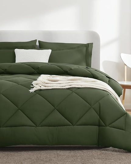 CozyLux Twin XL Comforter Set Olive Green - 5 Pieces Twin Extra Long Bed in a Bag for College Dorm, All Season Bedding Set for Girls and Boys, Soft Bed Set with Comforter, Sheets, Pillowcase & Sham