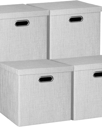 Posprica Storage Bins with Lids,13×13×13 Foldable Storage Cube Baskets Boxes Fabric Drawers for Closet Shelf Cabinet Bookcase,Set o f 4,Sliver grey