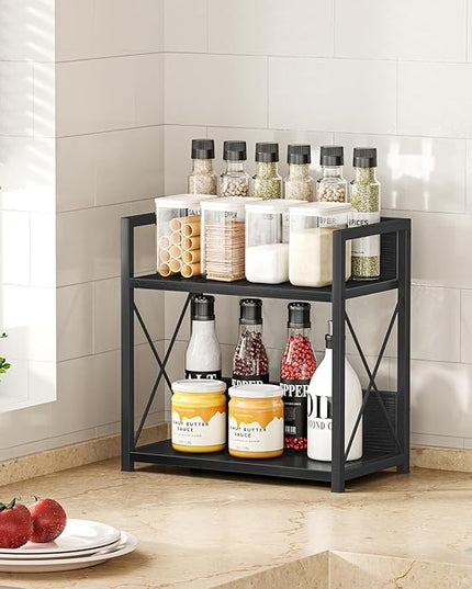 Giikin Countertop Organizer, 2 Tier Coffee Station Organizer for Desktop, Wood Counter Shelf Spice Rack for Kitchen (Black, M)