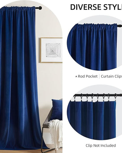 Joydeco Blue Velvet Curtains 96 inch Length 2 Panels Burg Set, 95 Curtains Luxury Rod Pocket Thermal Insulated Window Blackout Curtain, Room Darkening Drapes for Living Dining Room Bedroom Privacy