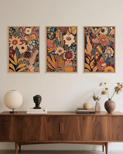 HOURIA Large Orange Flower Framed Canvas Wall Art Set,Boho Mid Century Modern Floral Botanical Wall Decor,Retro Vintage Blossom Artwork,Neutral Plant Art Print for Living Room,Bedroom,Office-16"x24"x3