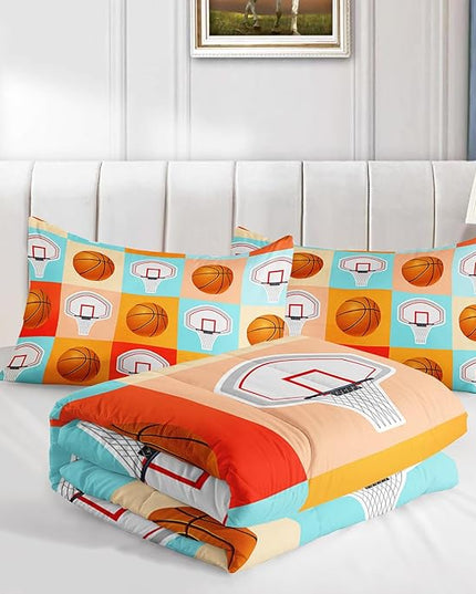 Basketball Comforter Kids Bedding Queen Size,Sports Style Basketball Printing Bedding Set for Teens Boys Bedroom Decor,Ball Sports Games Comforter Set Soft Kids Bedding with 2 Pillowcases.