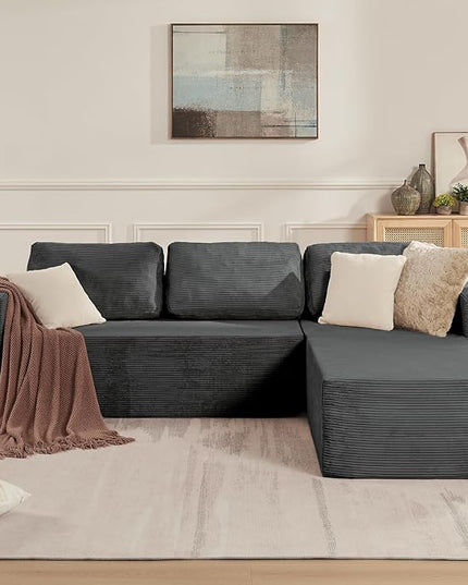 106" Cloud Sectional Couch, Left/Right Facing Convertible Sofa with Deep Seat, L-Shape Modular Upholstered Foam Couch for Living Room Bedroom, No Assembly Required (Corduroy Fabric, Grey)