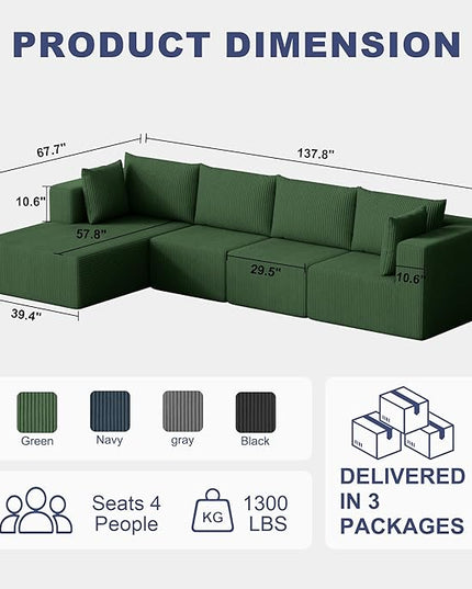 138" Boneless Couches for Living Room, Modular Cloud Couch Sofa - 4 Pieces L Shap Corduroy Sectional Sofa, Fluffy Memory Foam Sleeper Sofa Furniture, No Assembly, Wide Armrest, Green