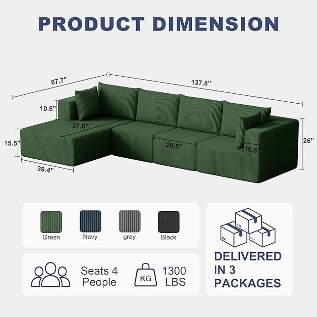 138" Boneless Couches for Living Room, Modular Cloud Couch Sofa - 4 Pieces L Shap Corduroy Sectional Sofa, Fluffy Memory Foam Sleeper Sofa Furniture, No Assembly, Wide Armrest, Green