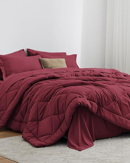 Love's cabin Full Comforter Set Burgundy, 7 Pieces Full Bed in a Bag, All Season Bedding Sets with 1 Comforter, 1 Flat Sheet, 1 Fitted Sheet, 2 Pillowcase and 2 Pillow Sham