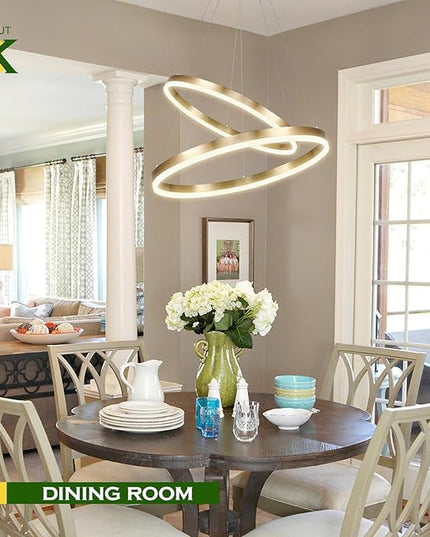 2-Rings Modern LED Chandelier Gold for Dining Room, Circular Flush Mount Ceiling Chandelier Light Dimmable Pendant Light with Remote Control for Living Room Entrance Foyer, 3000K-6500K